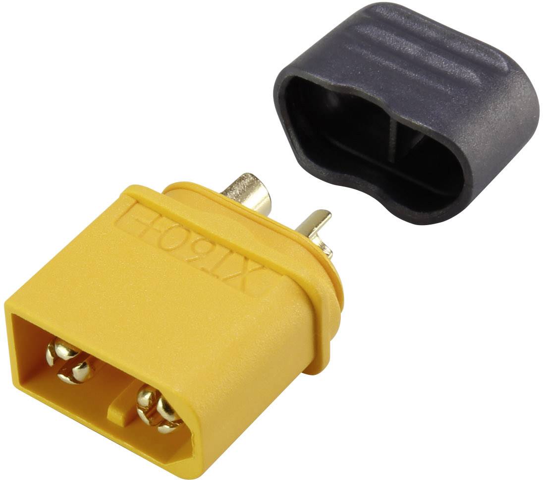 Żółty wtyk XT60 z czarną zaślepką, stosowany do niezawodnych połączeń wysokoprądowych w zastosowaniach elektronicznych.