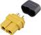 Żółty wtyk XT90 z czarną zaślepką obok niego. Wtyk ukazuje swoje metalowe styki, odpowiednie do połączeń elektrycznych.