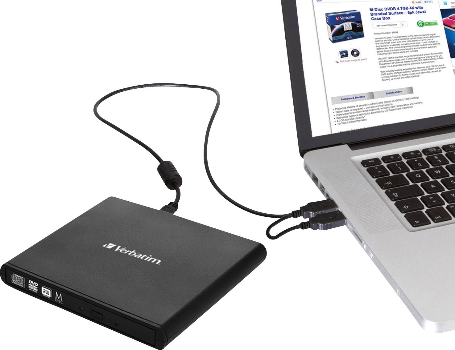 Zewnętrzny nagrywarka DVD firmy Verbatim jest podłączona do laptopa za pomocą kabla USB. Na ekranie laptopa otwarty jest przeglądarka internetowa.