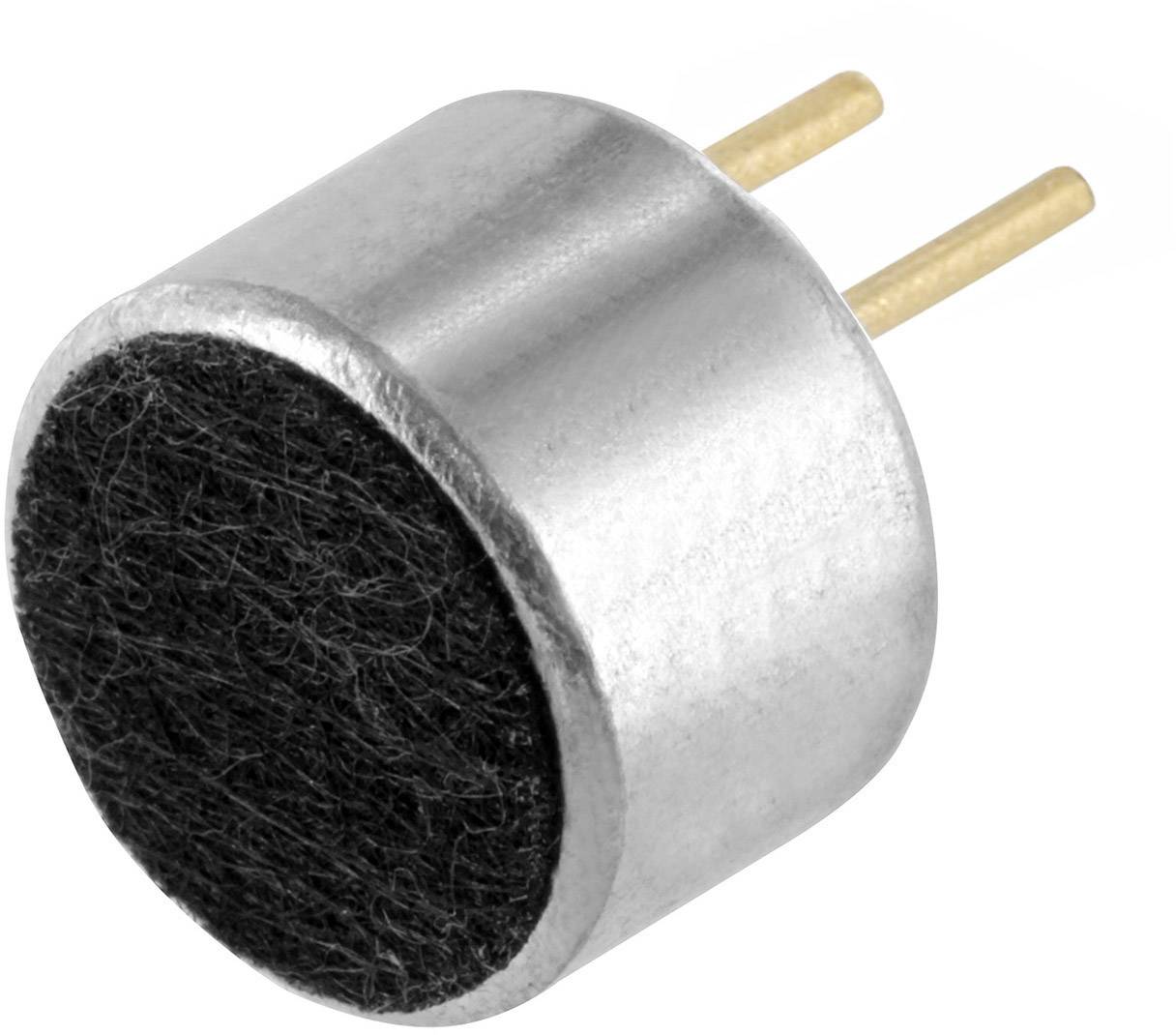 Elektryczny mikrofon z metalową obudową i dwoma złotymi pinami. Służy do rejestracji dźwięków w urządzeniach elektronicznych.