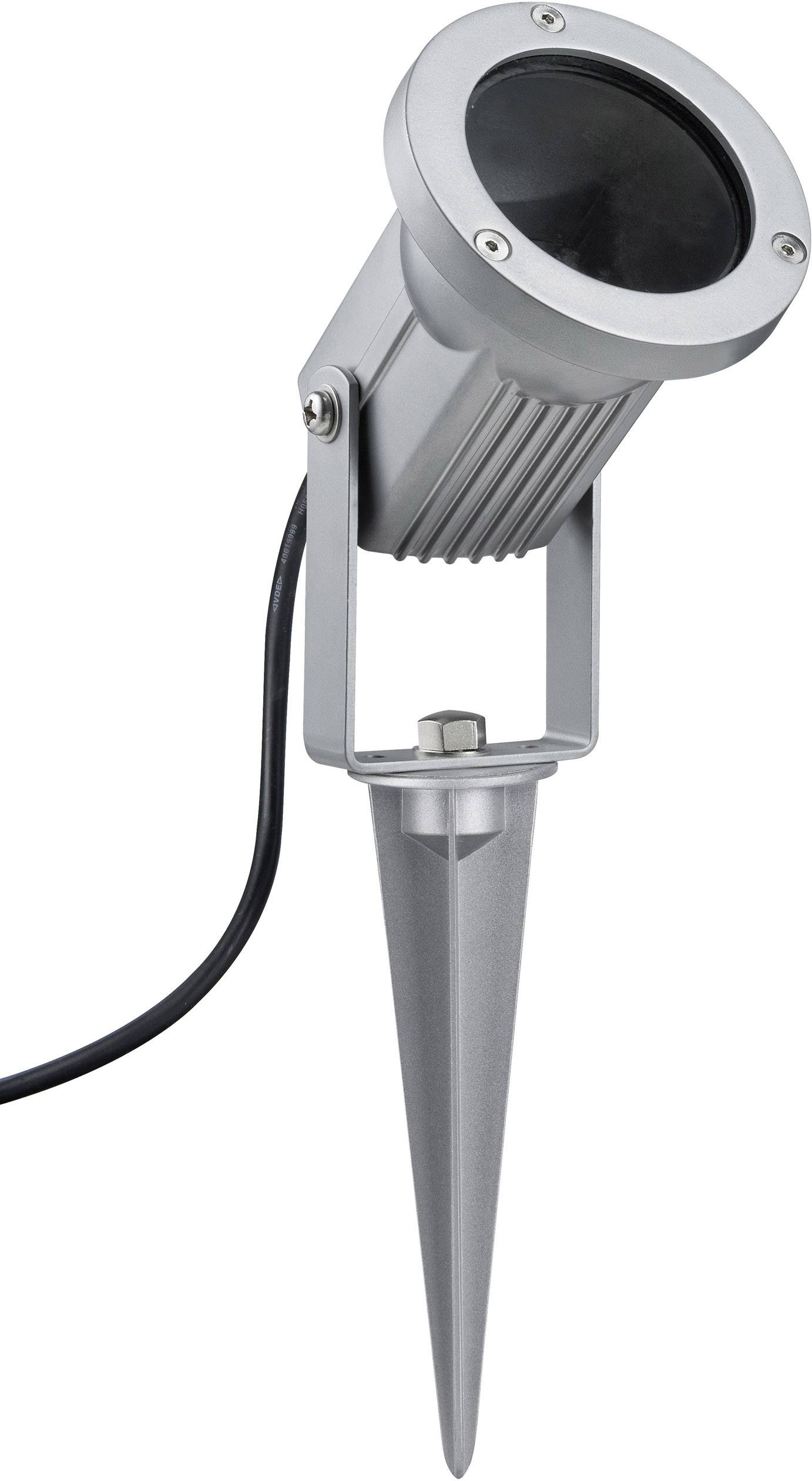 Srebrna lampa ogrodowa z grotownikiem i przewodem, obrotowa głowica lampy, odpowiednia do oświetlenia na zewnątrz.