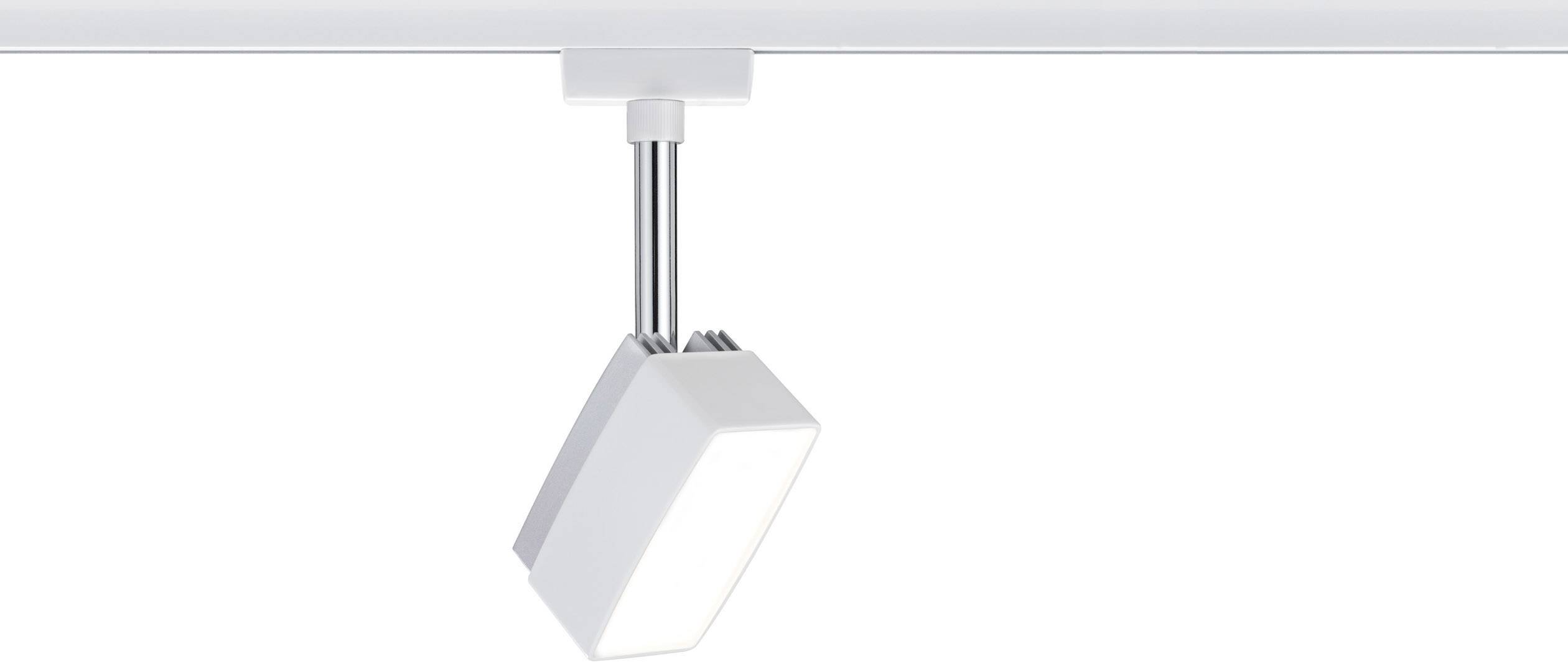 Biała lampa szynowa o prostokątnej obudowie, zamocowana na metalowym pręcie przymocowanym do sufitu.