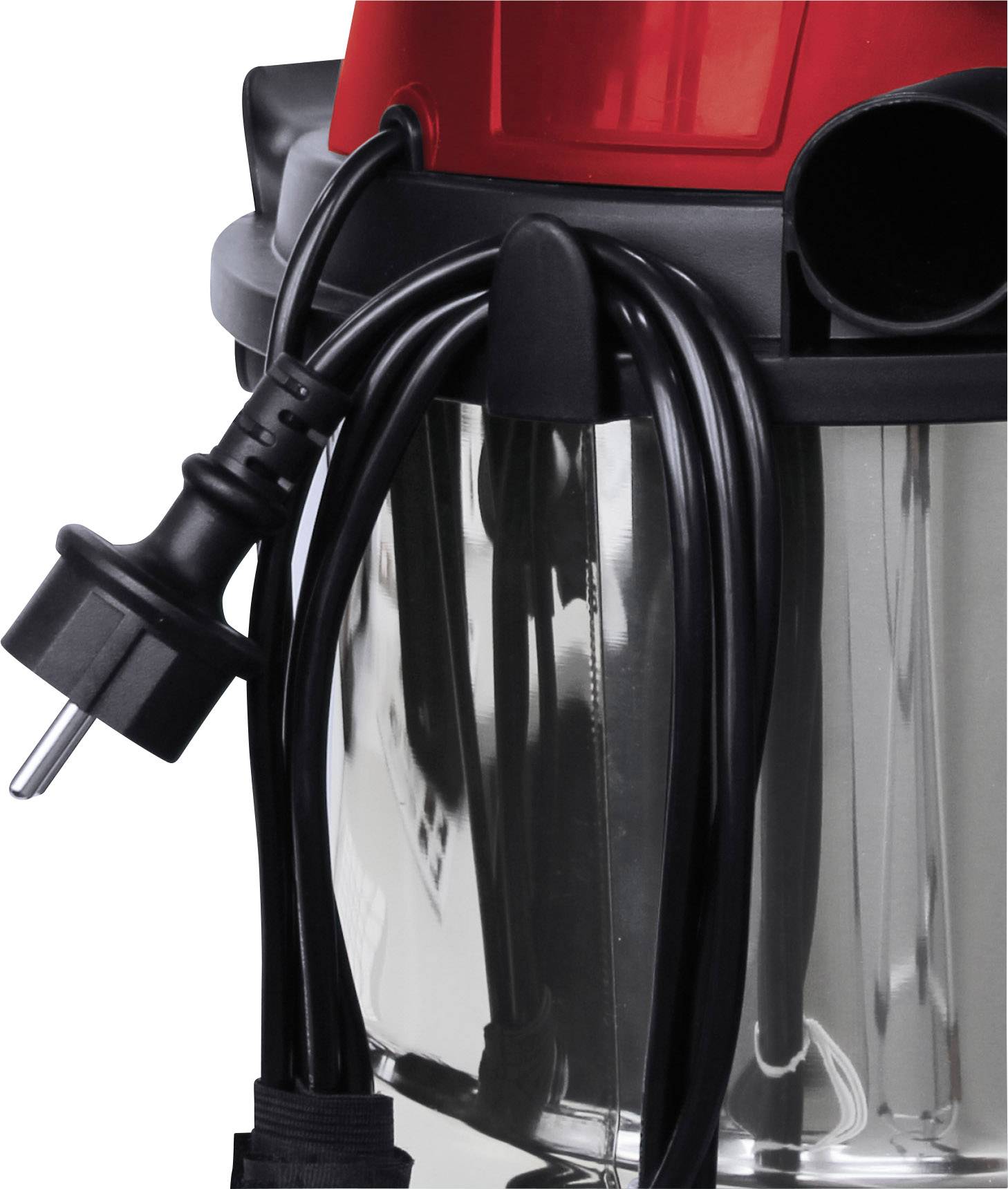 Odkurzacz na mokro i sucho z czerwoną obudową i przezroczystym zbiornikiem. Czarny przewód zasilający jest owinięty wokół zbiornika.