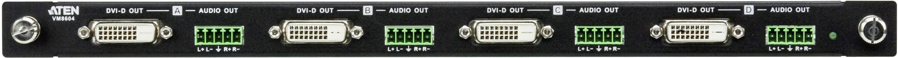 Panel kablowy 'ATEN' z wieloma złączami DVI i zielonymi wtykami Phoenix, przeznaczony do przełączania wideo i integracji systemów audio-wideo.