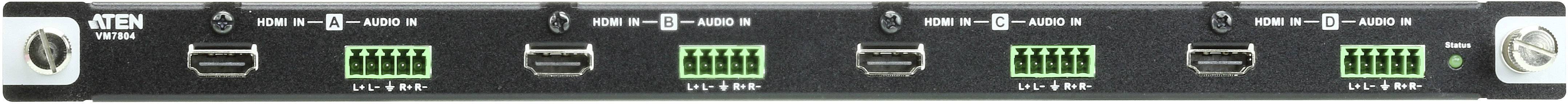 Tylna strona urządzenia audio z sześcioma złączami HDMI oraz zielonymi złączkami zaciskowymi, odpowiednimi do standardowych połączeń dźwiękowych.