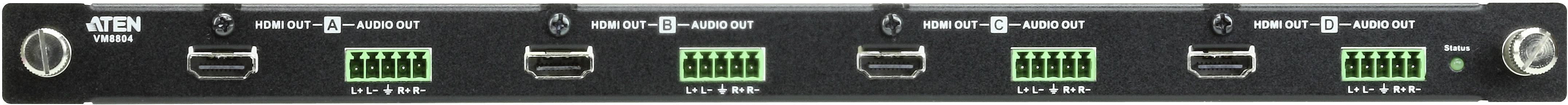 Obraz rozdzielacza sygnału ATEN z sześcioma gniazdami HDMI i zielonymi wskaźnikami LED, używanego do dystrybucji sygnałów HDMI.