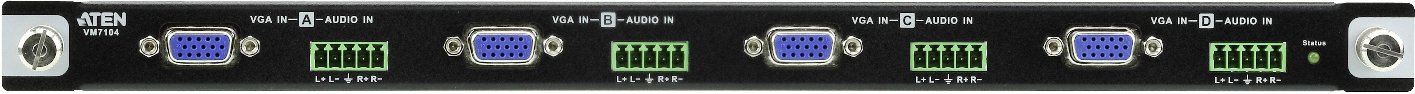 Rozdzielacz sieciowy z czterema niebieskimi portami VGA oraz trzema zielonymi blokami przyłączeniowymi, ułożonymi symetrycznie w jednym rzędzie.