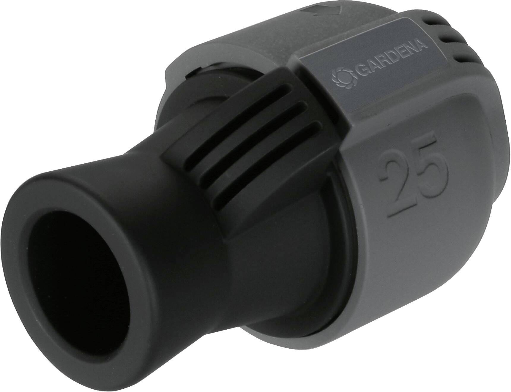 Czarno-szary łącznik rurowy marki Gardena z wytłoczonym napisem '25'.