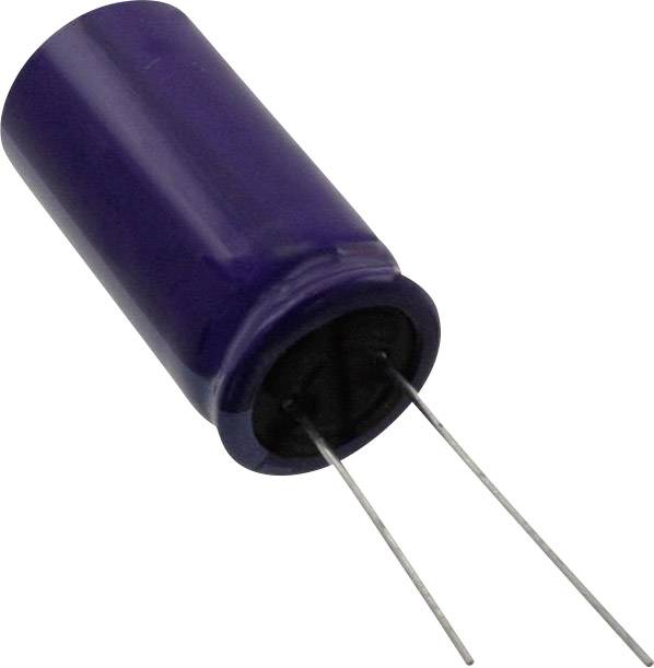 Niebieski cylindryczny kondensator z dwoma wystającymi metalowymi stykami. Element podzespołu w obwodach elektronicznych.