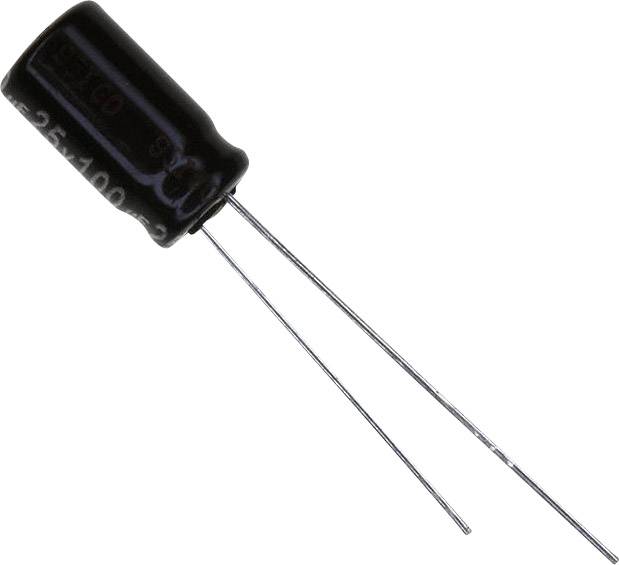 Czarny kondensator elektrolityczny z dwoma długimi, cienkimi przewodami przyłączeniowymi.
