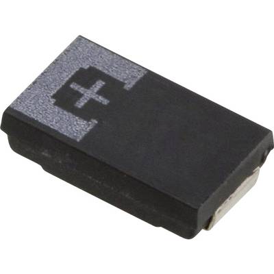 Mały prostokątny element elektroniczny, prawdopodobnie kondensator lub dioda, z plusem na górze.