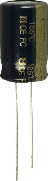 Cylindryczny kondensator elektrolityczny z dwoma metalowymi końcówkami. Oznaczenia na boku wskazują parametry techniczne oraz granicę temperatury wynoszącą 105°C.