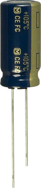 Elektrolityczny kondensator z dwoma pinami przyłączeniowymi; niebieska obudowa ze złotymi oznaczeniami '105°C' oraz 'CE FC'.
