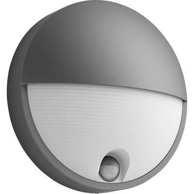Okrągła, nowoczesna lampa ścienna z szarą obudową i białym kloszem, odpowiednia do stosowania wewnątrz i na zewnątrz pomieszczeń.