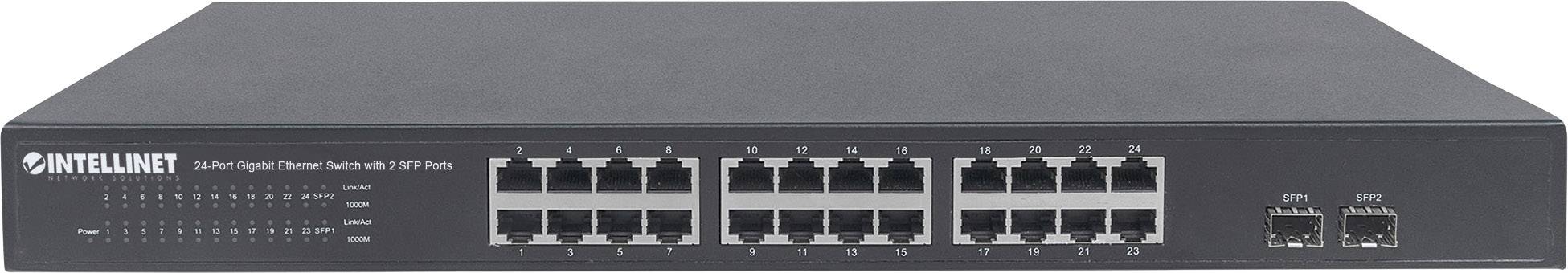 Czarny przełącznik Ethernet z 24 portami Ethernet i dwoma portami SFP. Nazwa marki 'Intellinet' w lewym górnym rogu, diody LED wskazujące stan połączenia.