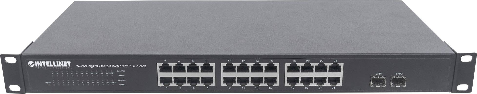 Przełącznik sieciowy Intellinet z 24 portami Ethernet i dwoma dodatkowymi portami SFP, przeznaczony do montażu w szafie rack 19 cali.