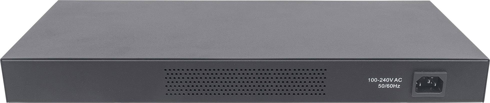 Czarne urządzenie elektroniczne z otworami wentylacyjnymi z przodu oraz gniazdem zasilania po prawej stronie.