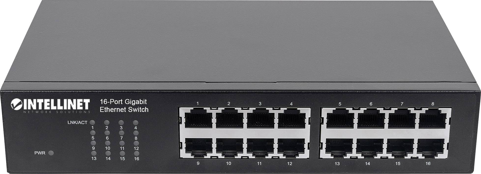 Czarny 16-portowy przełącznik Gigabit Ethernet z dwunastoma aktywnymi portami, sygnalizowany przez wskaźniki LED. Marka: Intellinet.