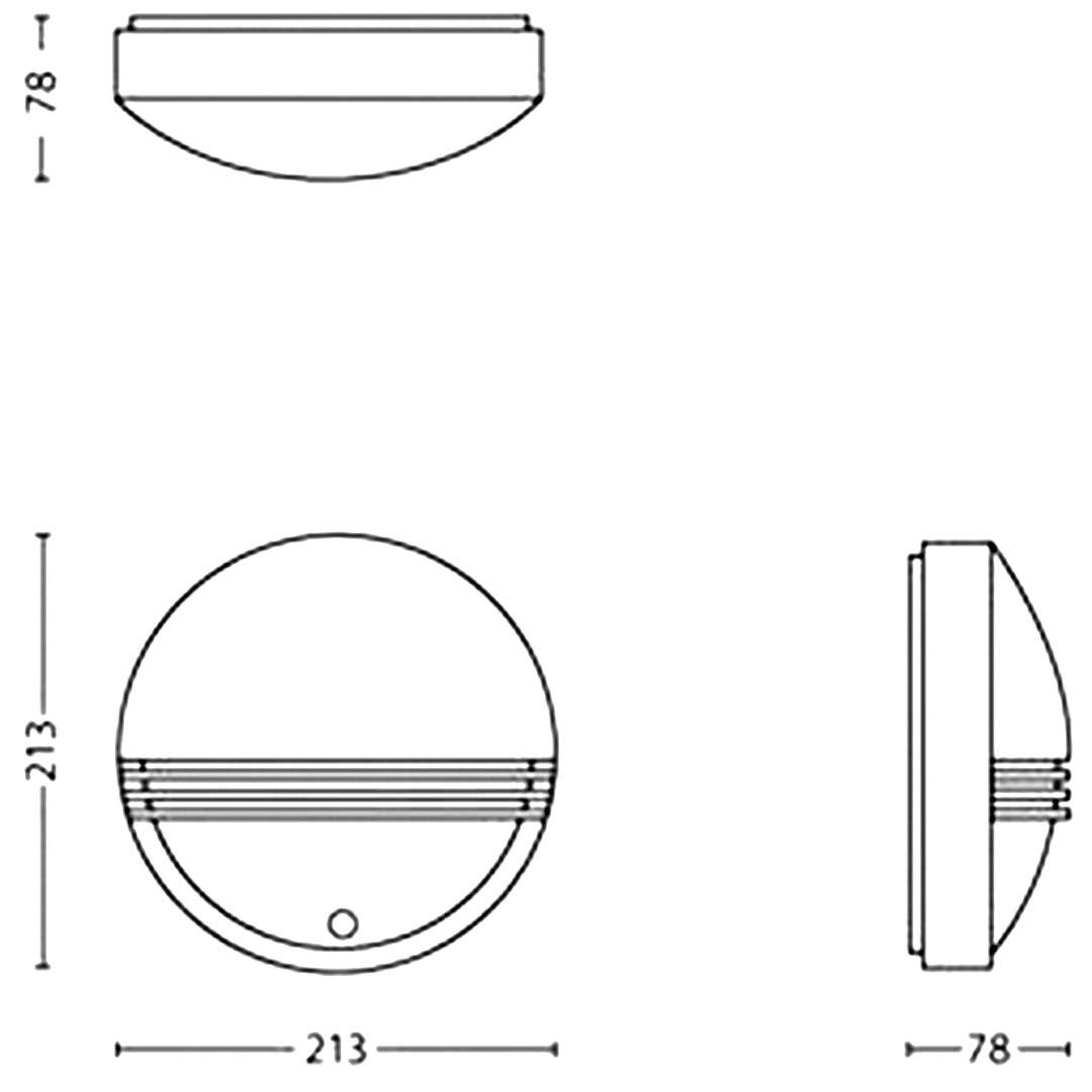 Rysunek techniczny okrągłej lampy ściennej z wymiarami: 213 mm średnicy, 78 mm głębokości; przedstawiający widok czołowy, boczny i z góry.