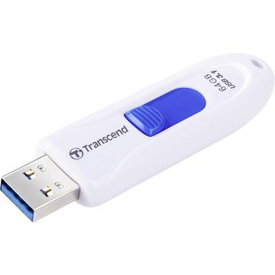 Biały pendrive marki Transcend z niebieskim przesuwnym mechanizmem zabezpieczającym złącze USB.