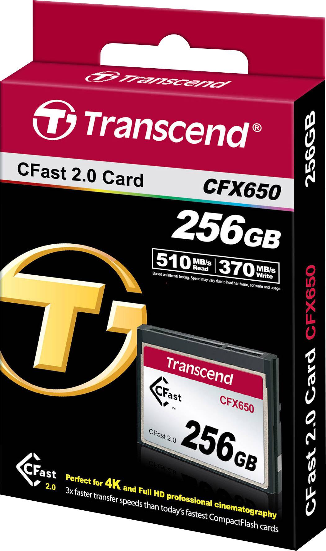 Opakowanie karty Transcend CFX650 CFast 2.0 o pojemności 256 GB. Podkreśla szybki transfer danych oraz przydatność do nagrywania wideo w rozdzielczości 4K.