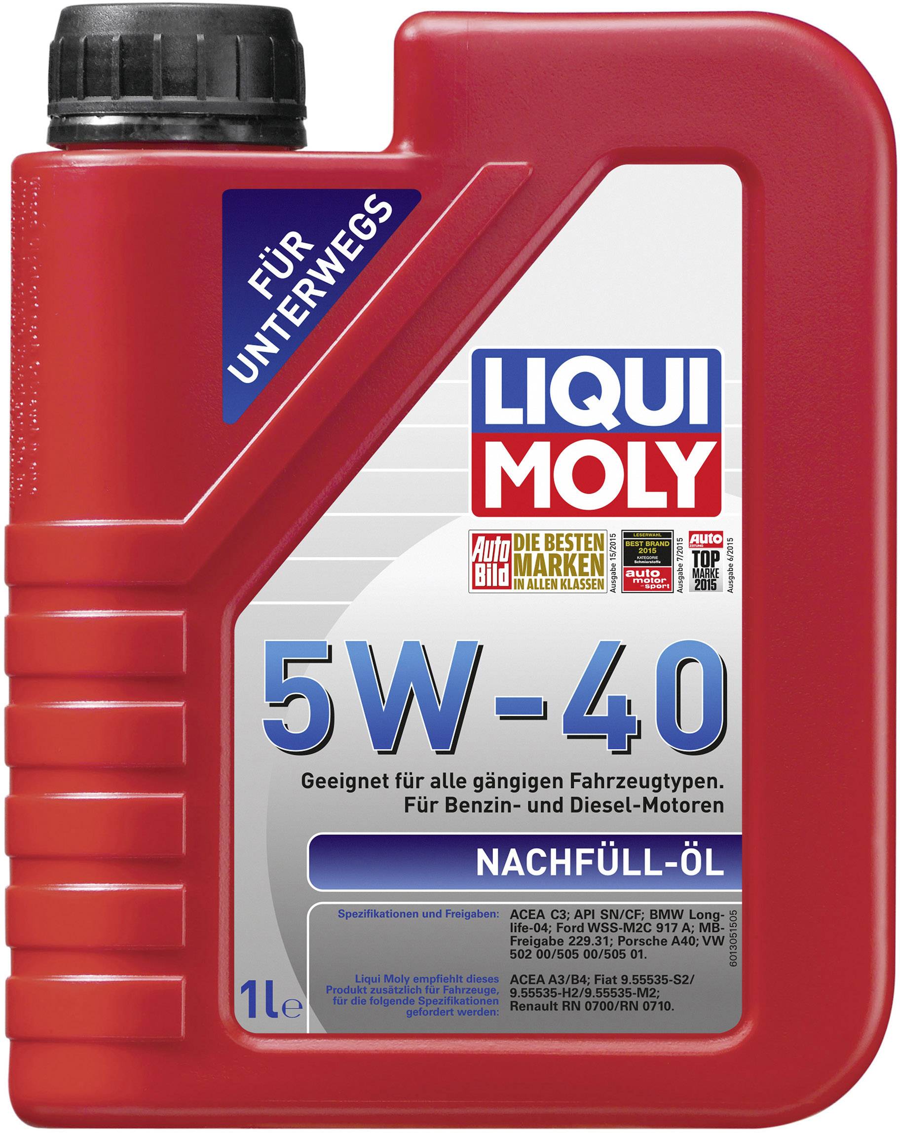 Butelka oleju silnikowego Liqui Moly, 5W-40, odpowiednia do silników benzynowych i wysokoprężnych, 1 litr.
