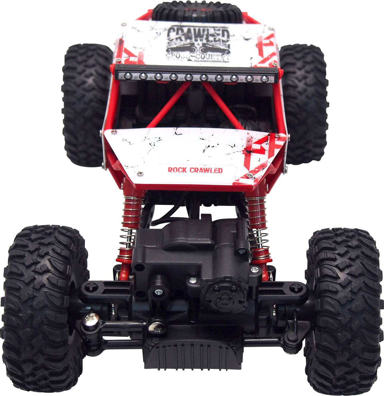 Czerwony samochód zdalnie sterowany w stylu terenowym z dużymi oponami i napisem "Rock Crawler" z przodu.