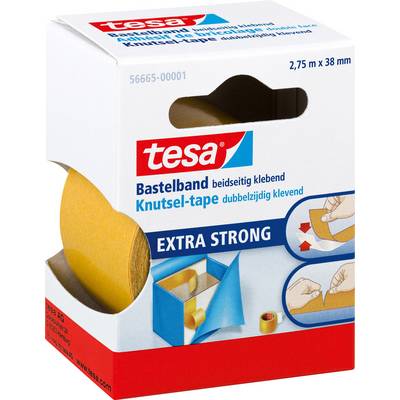Opakowanie taśmy dwustronnej 'tesa', 2,75 m x 38 mm, extra mocnej. Prezentuje przykłady zastosowań w pracach ręcznych.