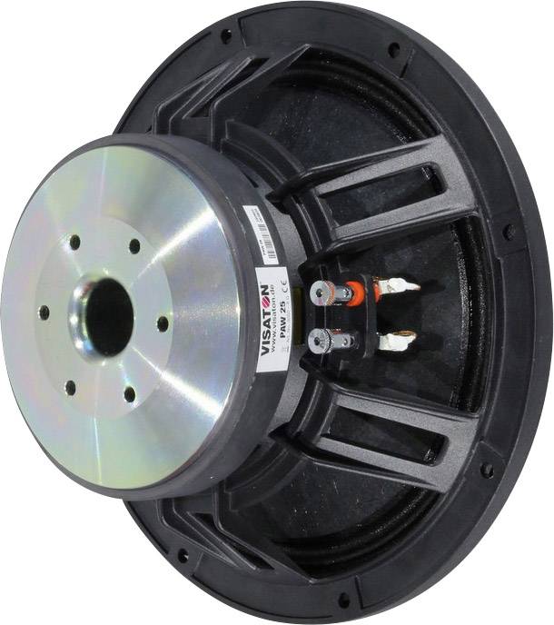 Przetwornik głośnikowy firmy Visaton, przedstawiony z boku, z srebrną membraną metalową i czarną ramą, przeznaczony do zastosowań audio.