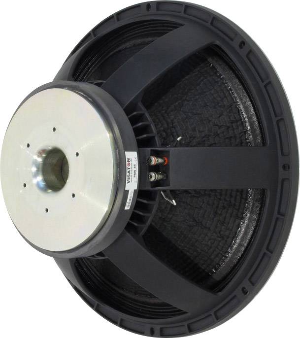 Duży głośnik z metalową tylną płytą, czarnym koszem i czerwonymi przewodami przyłączeniowymi. Stosowany w urządzeniach audio do uzyskania mocnego dźwięku.