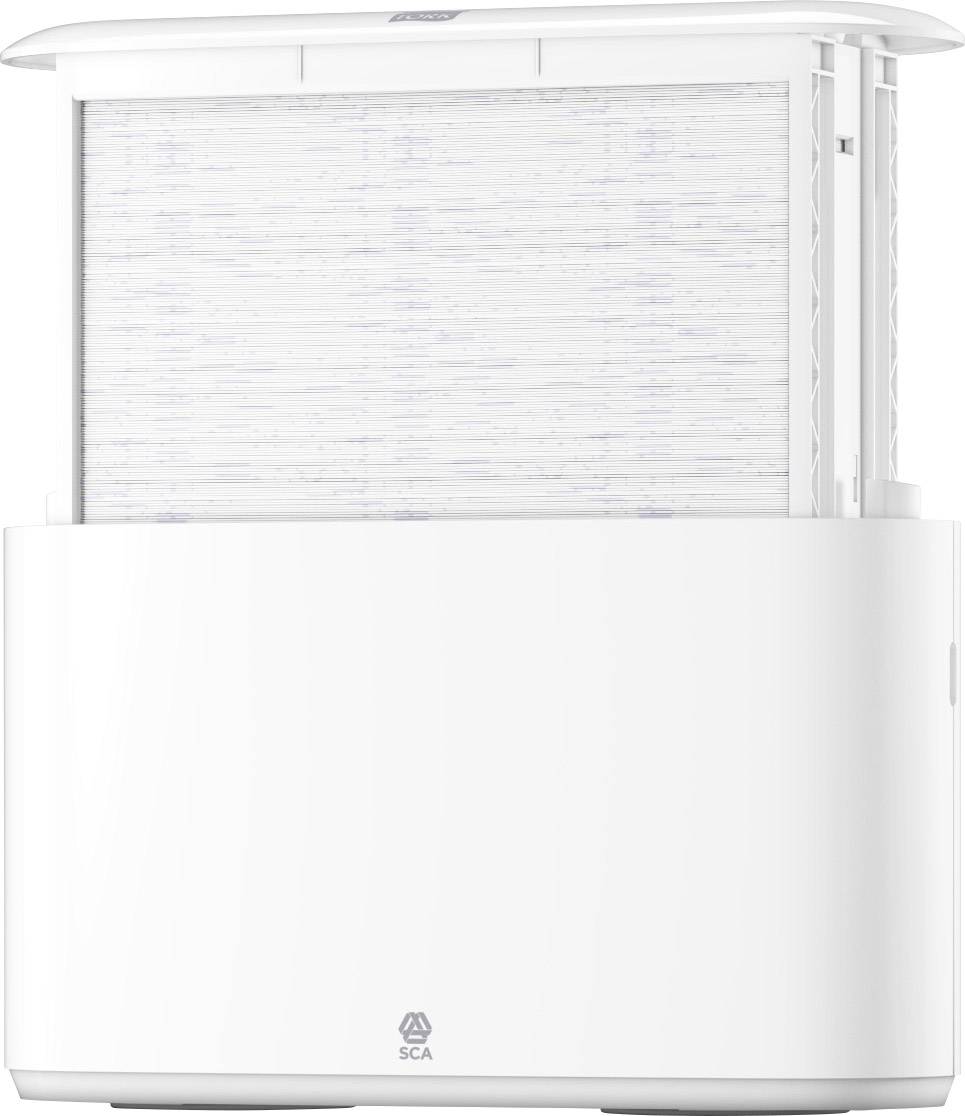 Biały oczyszczacz powietrza z wyjmowanym filtrem, odpowiedni do małych i średnich pomieszczeń. Minimalistyczny design dla skutecznego oczyszczania powietrza.