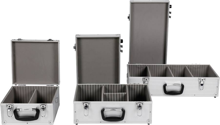 Zestaw czterech aluminiowych walizek o różnych rozmiarach, częściowo otwartych, ukazujących przegrody do przechowywania lub organizacji.