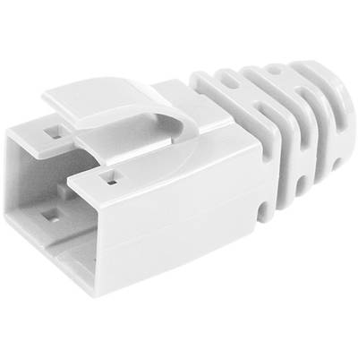 Biały wtyk RJ45 z ulgą kablową, widziany z boku. Jest często stosowany w instalacjach sieciowych do łączenia kabli Ethernet.