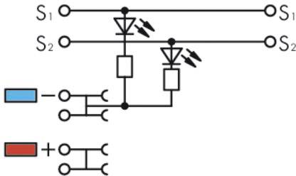 Schemat elektryczny układu LED z dwiema diodami świecącymi, dwoma przełącznikami (S1, S2) oraz zaciskami plus i minus.