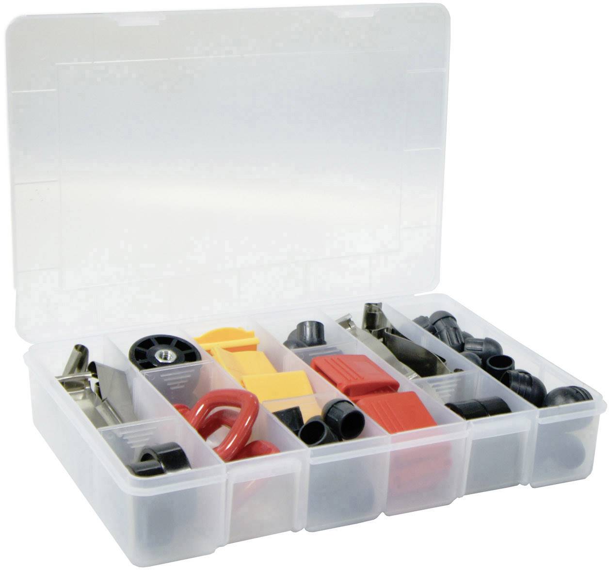 Przezroczyste pudełko z tworzywa sztucznego z wieloma przegródkami, wypełnione elementami w różnych kolorach i kształtach.