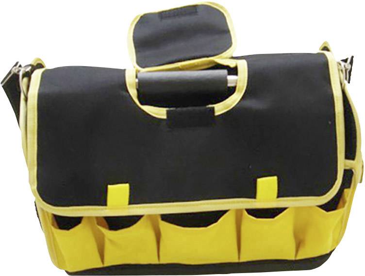 Czarna i żółta torba na narzędzia z wieloma kieszonkami zewnętrznymi i uchwytem, otwarta i gotowa do użycia.