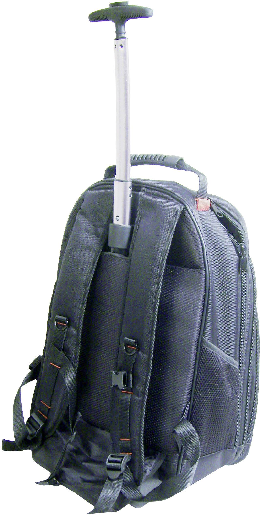 Czarny plecak z wysuwaną teleskopową rączką, wyposażony w paski do noszenia, stojący pionowo. Idealny do podróży i codziennego użytku.