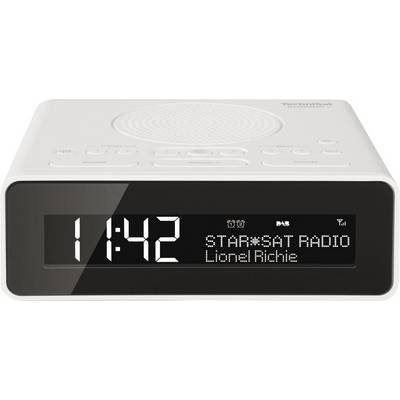 Cyfrowy budzik w białej obudowie pokazuje '11:42' i odtwarza 'STAR*SAT RADIO' Lionela Richiego.