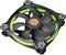 Czarny wentylator komputerowy z zielonym podświetleniem LED, z pięcioma łopatkami wirnika, kwadratowy uchwyt z czterema otworami na śruby.