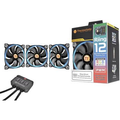 Trzy wentylatory Thermaltake z niebieskimi pierścieniami LED i jednostką sterującą do podświetlenia RGB oraz regulacji prędkości. Na opakowaniu widnieje napis 'Riing 12'.