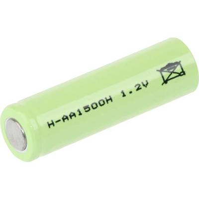 Zielona bateria AA z napisem 'H-AA1500H 1.2V' i symbolem prawidłowej utylizacji na boku.