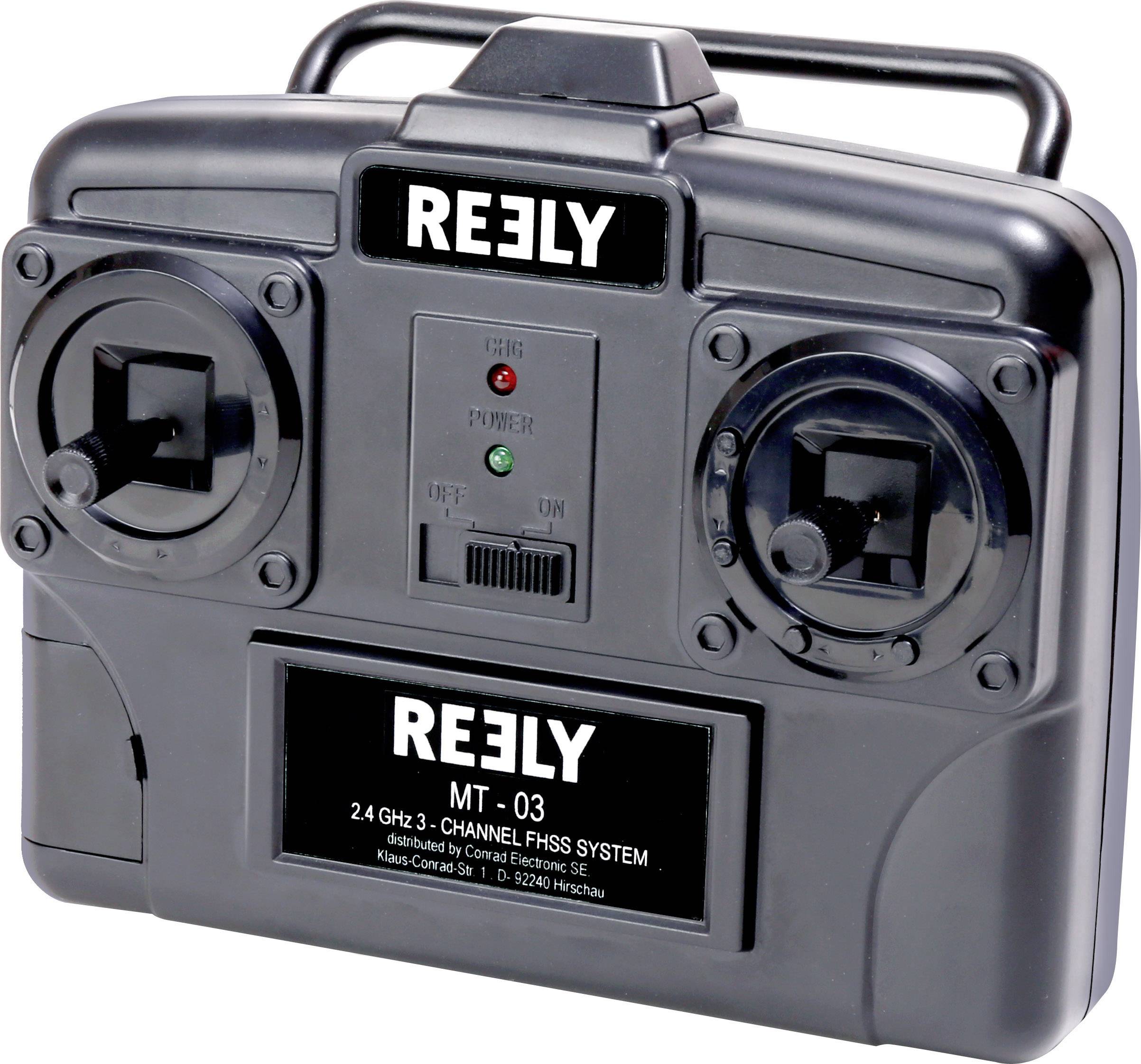 Czarny nadajnik radiowy z napisem 'REELY' i przyciskami sterującymi. Używany głównie w modelarstwie.