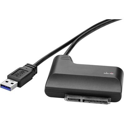 Zewnętrzny adapter USB do urządzeń SATA, z niebieskim złączem USB i interfejsem SATA do podłączania zewnętrznych dysków twardych.