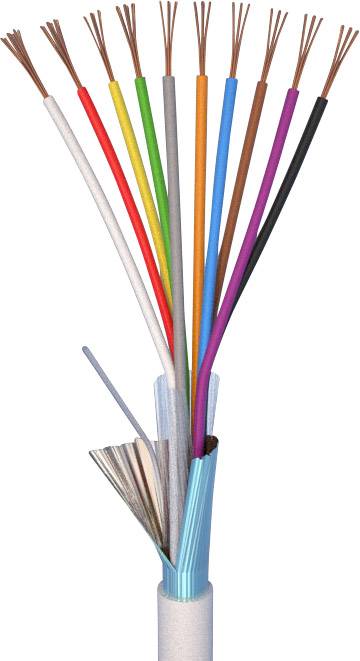 Przewód z dziesięcioma różnokolorowymi, odkrytymi przewodami miedzianymi sterczącymi z osłony ujawnia swoją wewnętrzną strukturę.