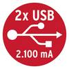 Czerwony symbol z dwoma złączami USB z napisem '2x USB 2.100 mA', wskazujący na pojemność prądową.