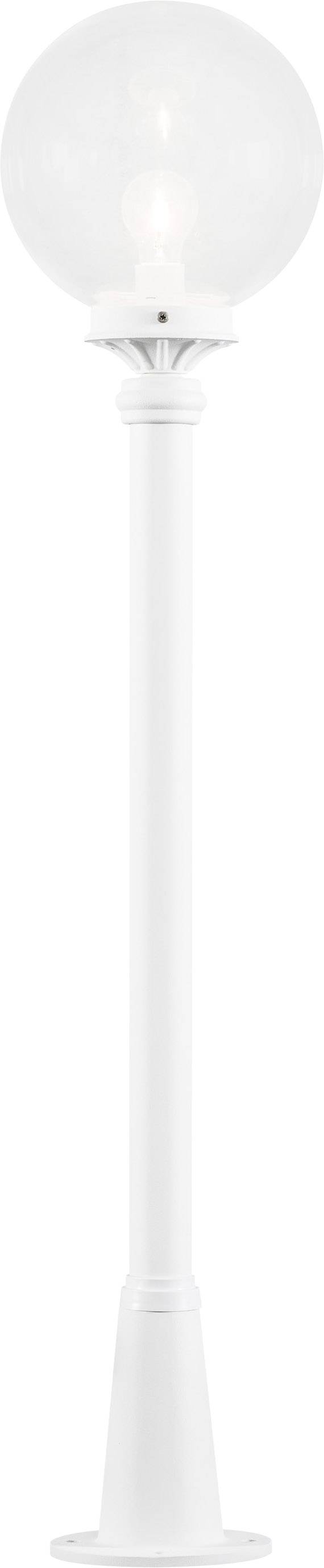 Biała lampa stojąca z kulistym, przezroczystym kloszem i cylindryczną podstawą. Nadaje się do użytku na zewnątrz.