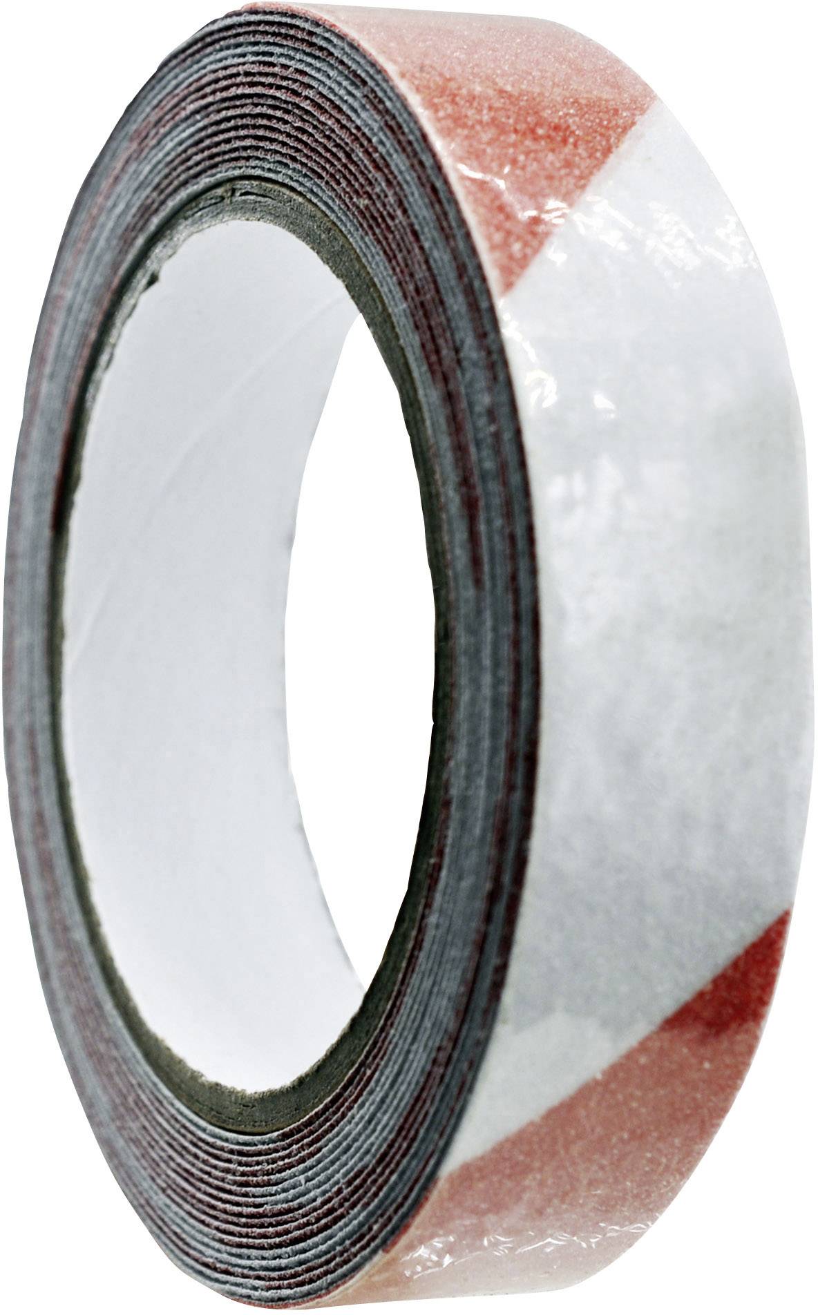 Rolka taśmy ostrzegawczej z naprzemiennymi czerwonymi i białymi paskami skośnymi, odpowiednia do oznaczania lub sygnalizacji ostrzeżeń.