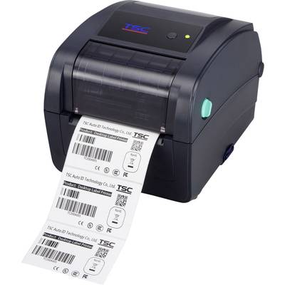 Drukarka etykiet firmy TSC podczas procesu drukowania; drukowane są etykiety z kodami QR oraz tekstem 'Produkt: Drukarka etykiet'