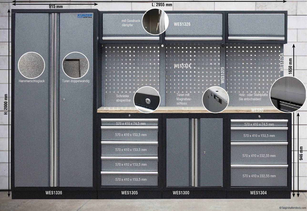 Stół warsztatowy z szafkami i szufladami, wymiary: 2955 mm szerokości, 2000 mm wysokości. Wyposażony w kieszeń na młotki, otwór drzwiowy oraz różne rozmiary szuflad.