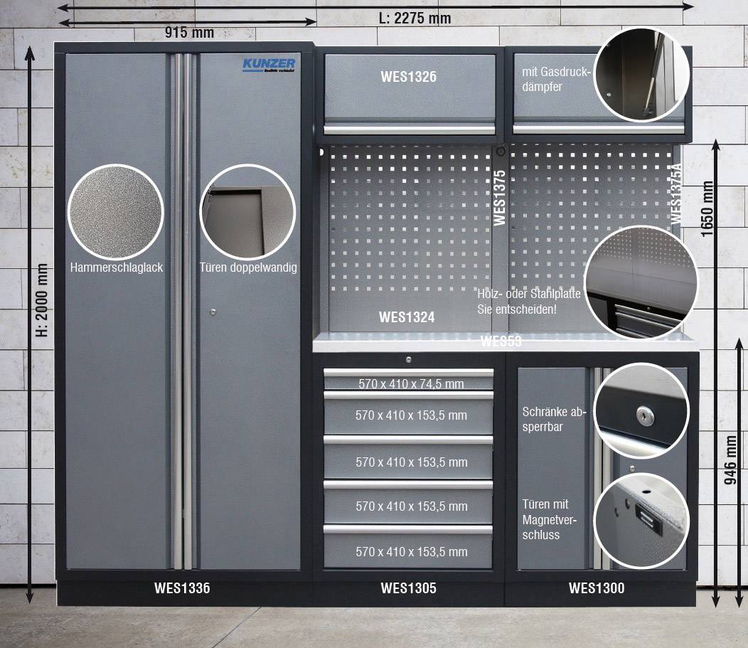 Szafka metalowa na narzędzia z szufladami, szafkami i tablicą perforowaną. Oznaczenia wskazują wymiary i funkcje poszczególnych elementów.